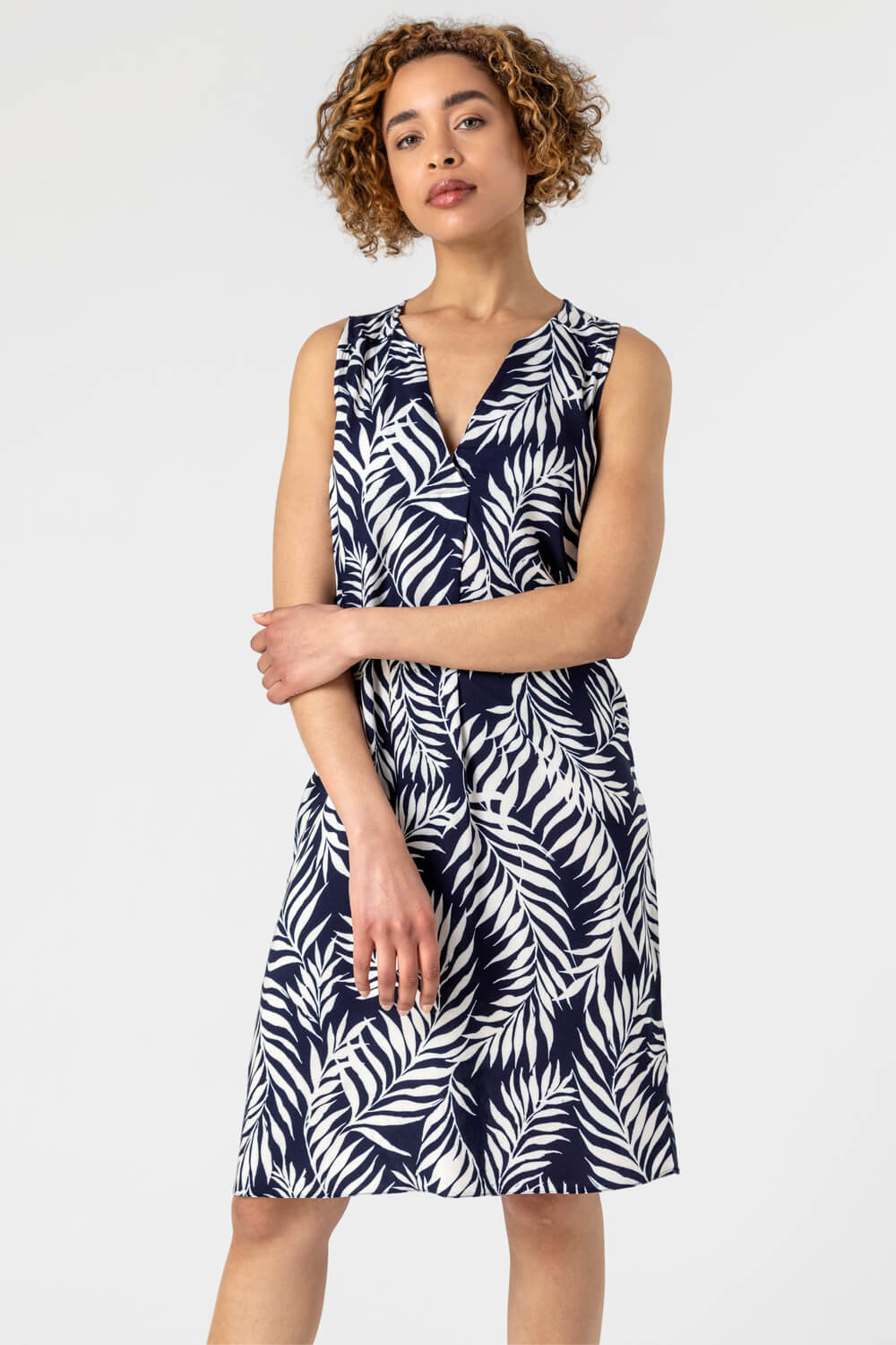 Navy  Feather Palm Print Shift Dress, Image 4 of 5