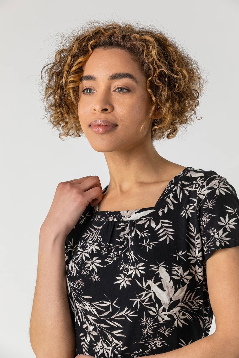 Black Ditsy Floral Square Neck T-Shirt, Image 5 of 5