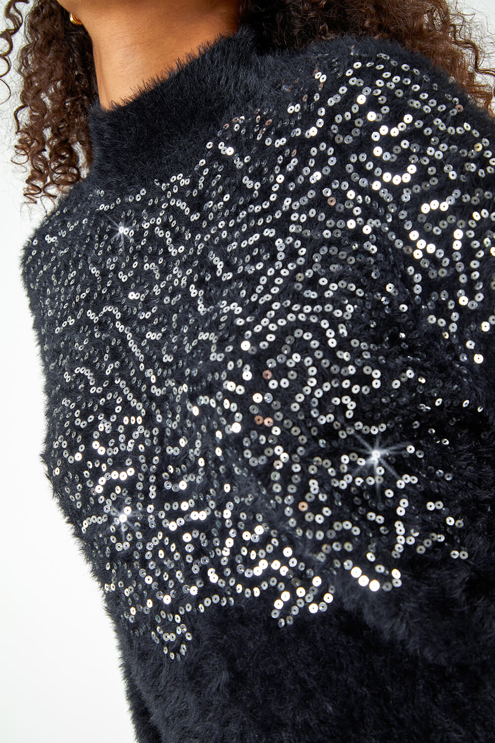 Black Fluffy Sequin Embellished Jumper , Image 5 of 5