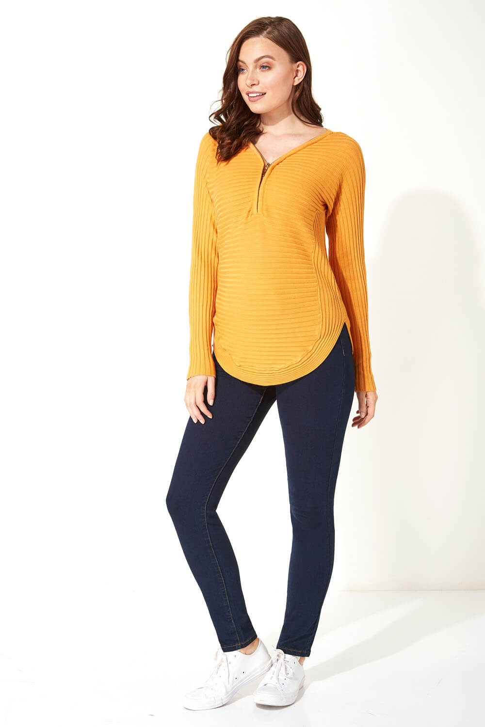 Gold Zip Front V Neck Jersey Long Sleeve Top, Image 2 of 5