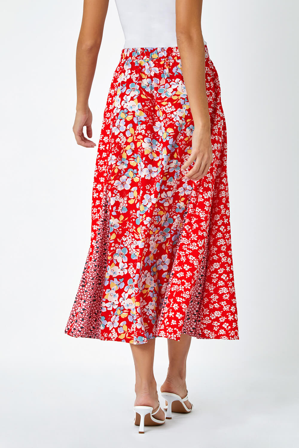 Red Ditsy Floral Print Midi Skirt, Image 3 of 5