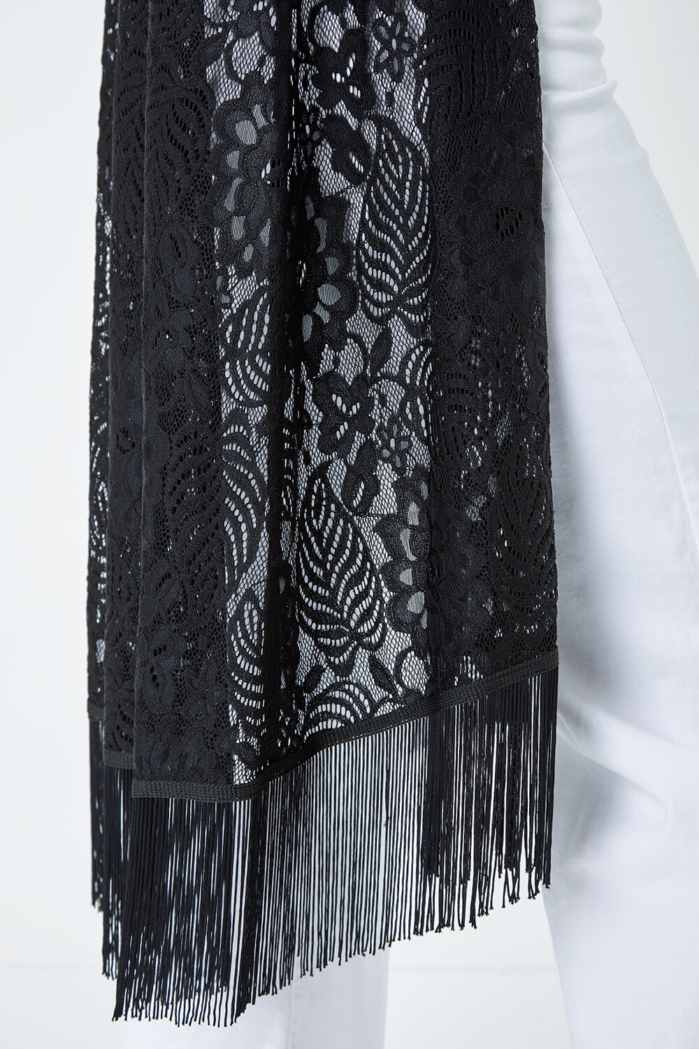 Black Lace Longline Fringed Cardigan, Image 5 of 5