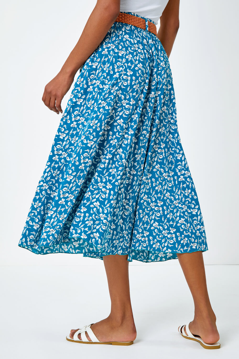 Petrol Blue Ditsy Floral Print Belted Midi Skirt, Image 3 of 5