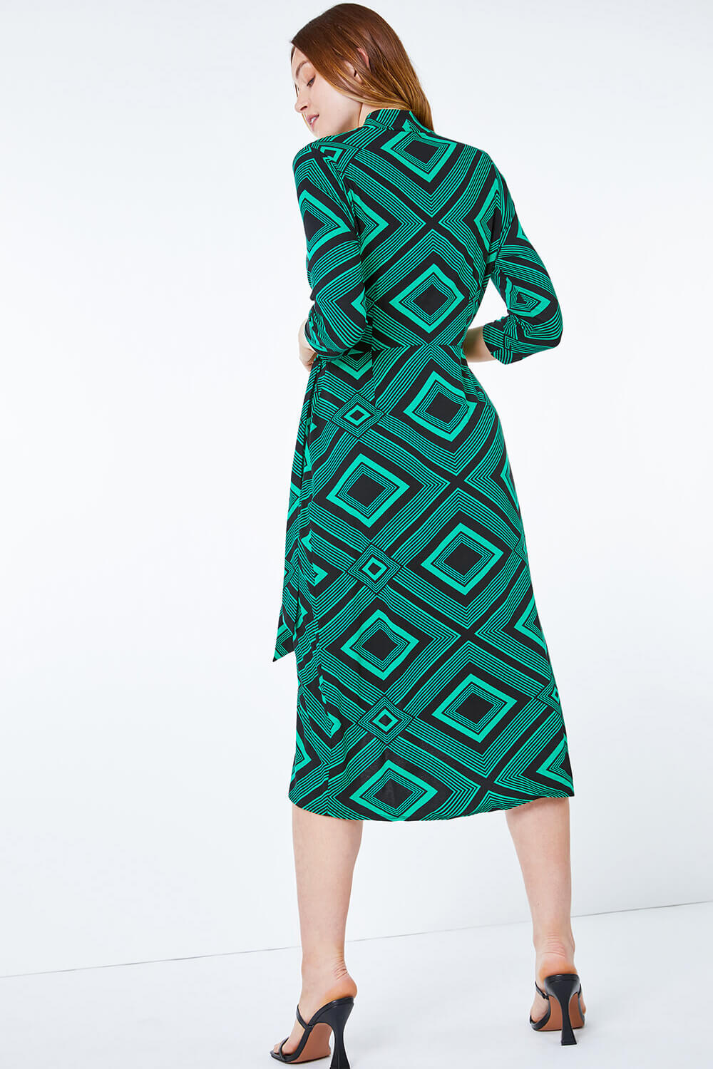 Green Geometric Wrap Midi Stretch Dress, Image 3 of 5