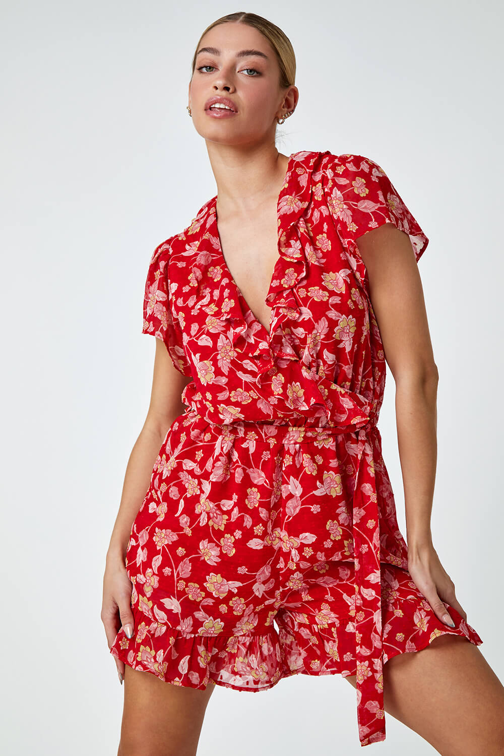 Red Floral Frill Wrap Playsuit, Image 4 of 5