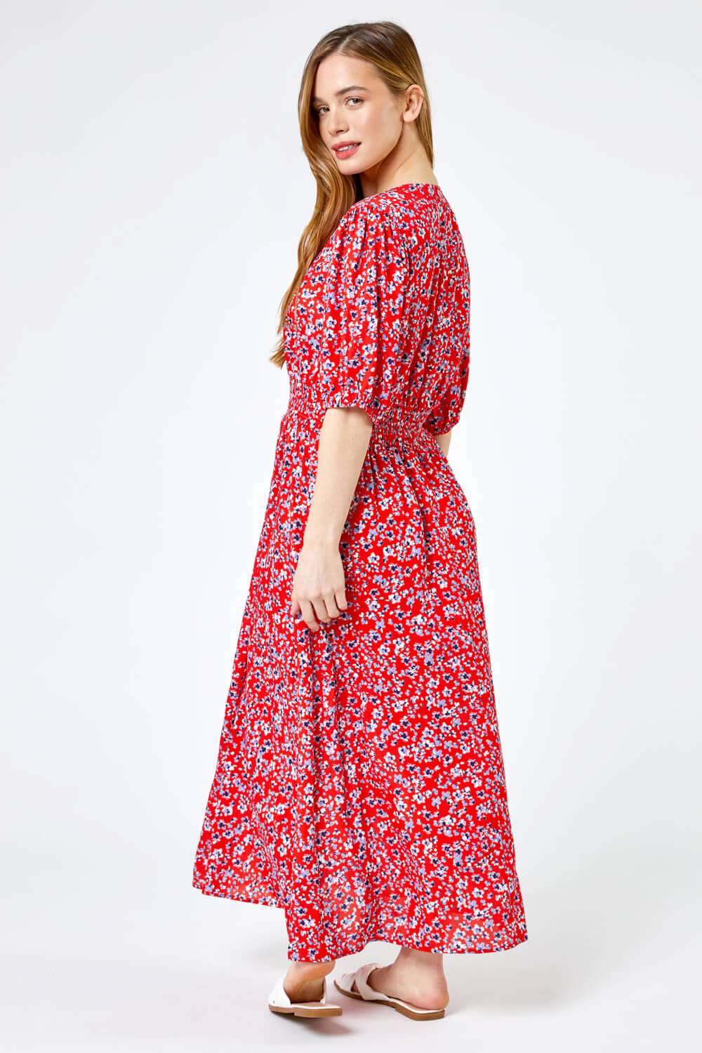 Red Petite Floral Print Shirred Maxi Dress, Image 2 of 4
