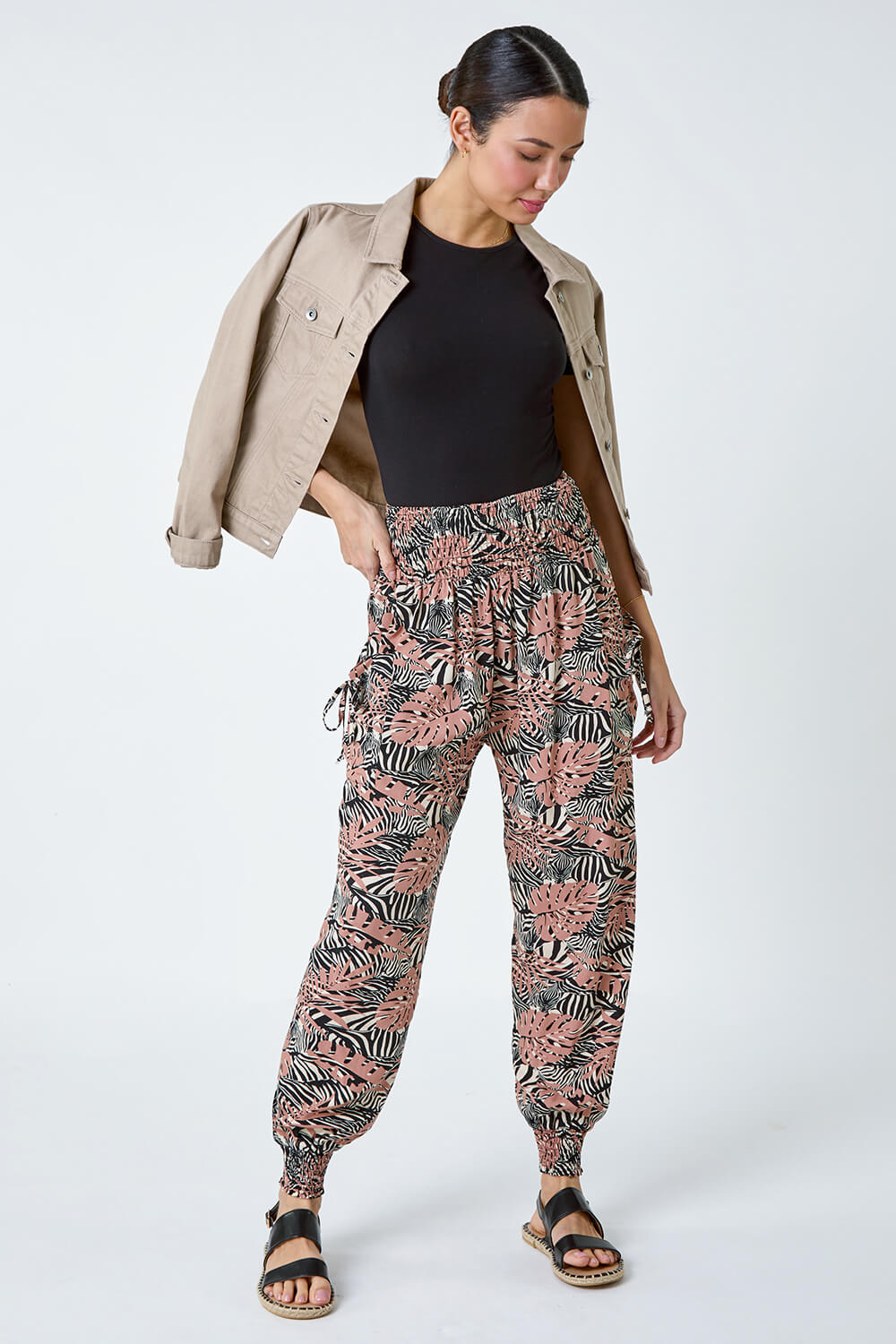 Black Tropical Print Stretch Hareem Trousers, Image 2 of 5