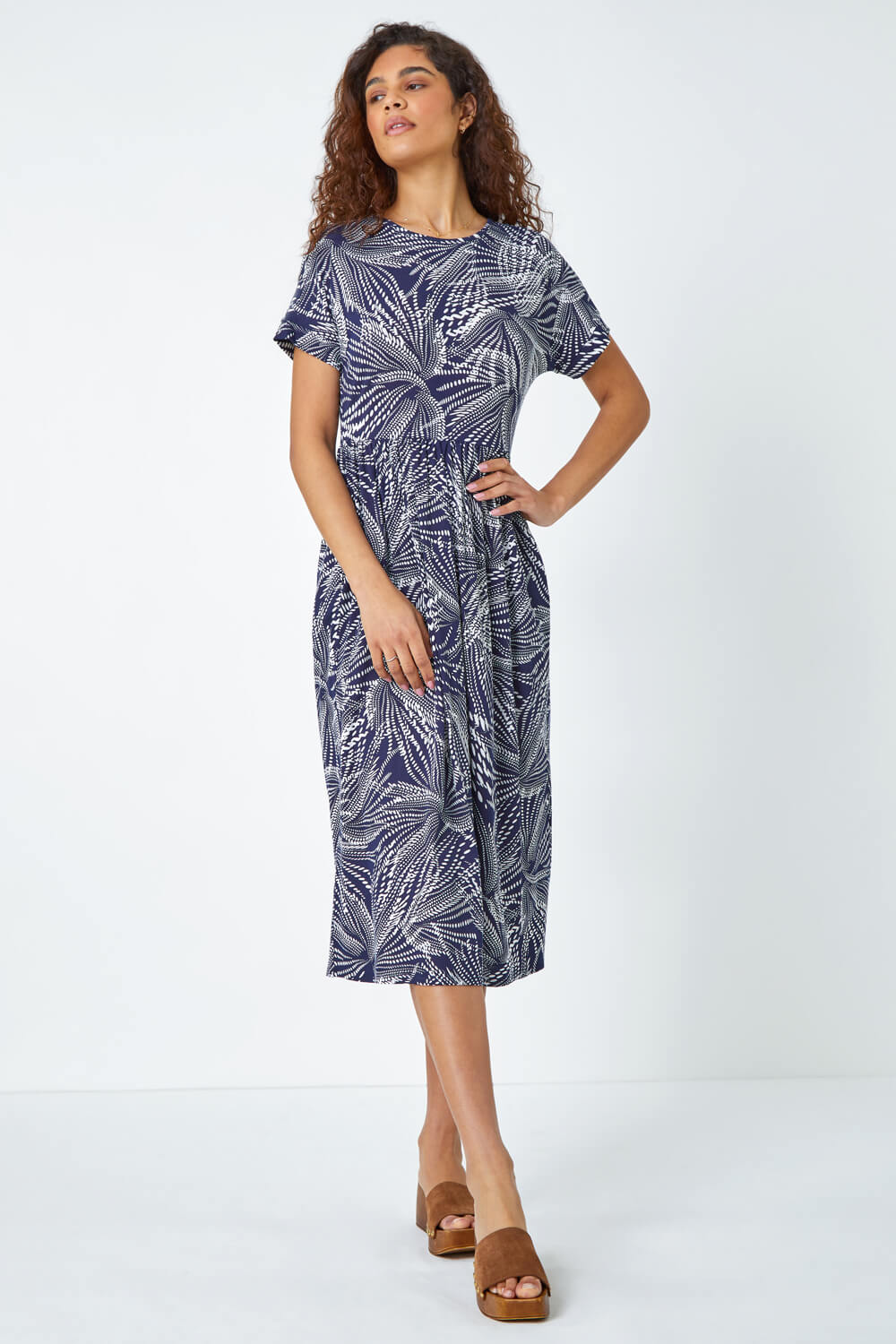 Navy  Abstract Print Midi Stretch Dress, Image 2 of 5