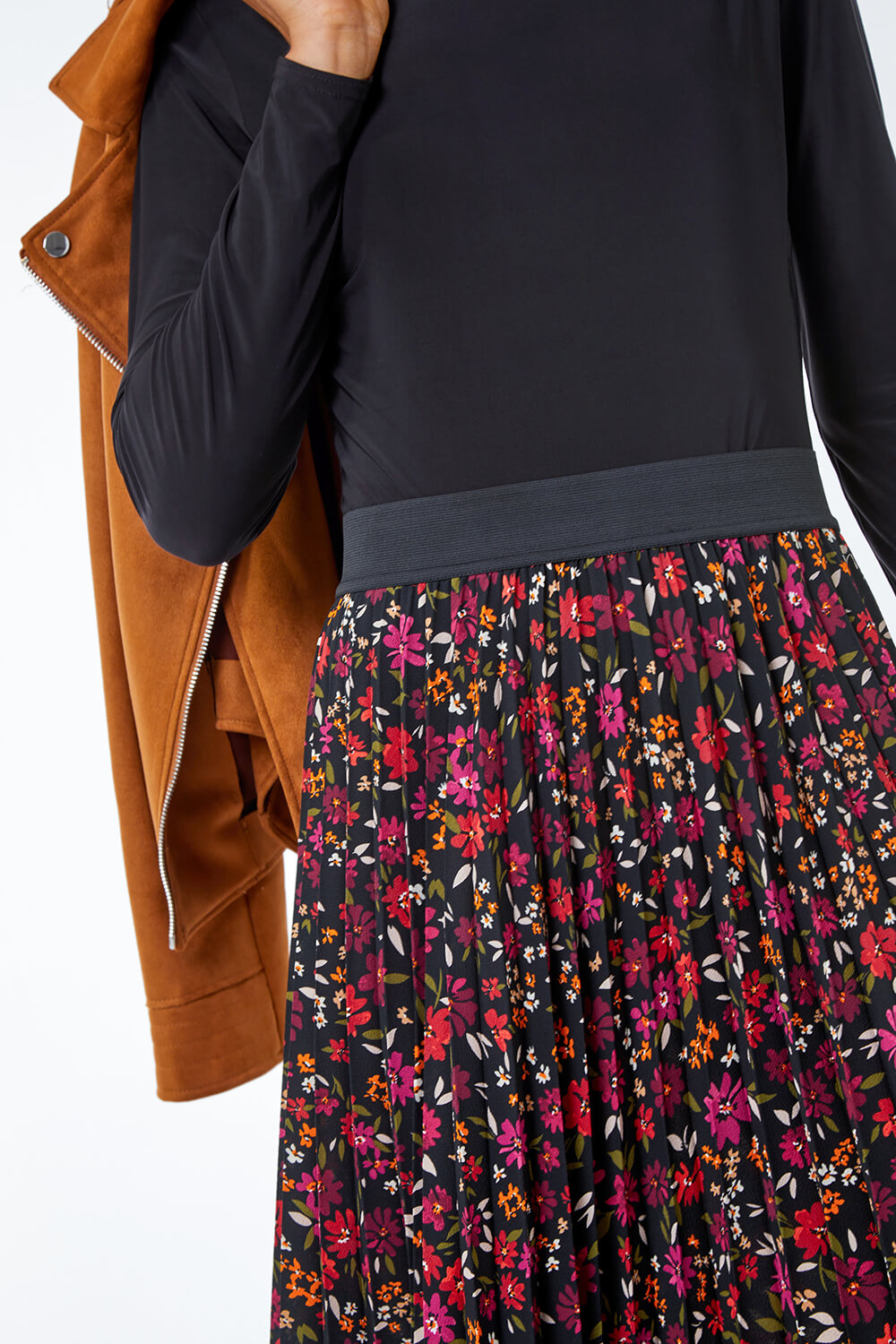 Black Floral Print Pleated Midi Skirt, Image 3 of 5