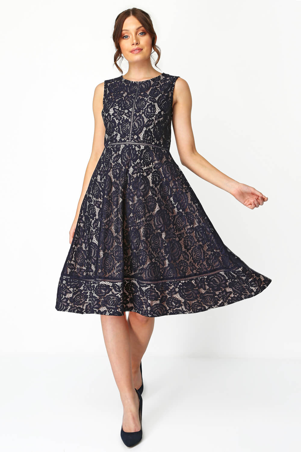 Fit And Flare Lace Midi Dress in Navy 