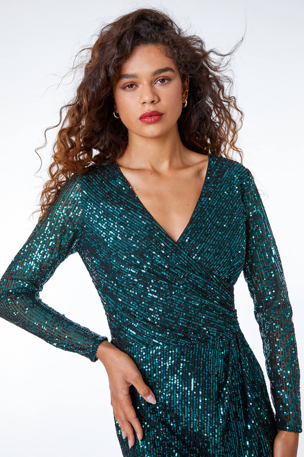 Emerald Sequin Wrap Stretch Maxi Dress, Image 4 of 5