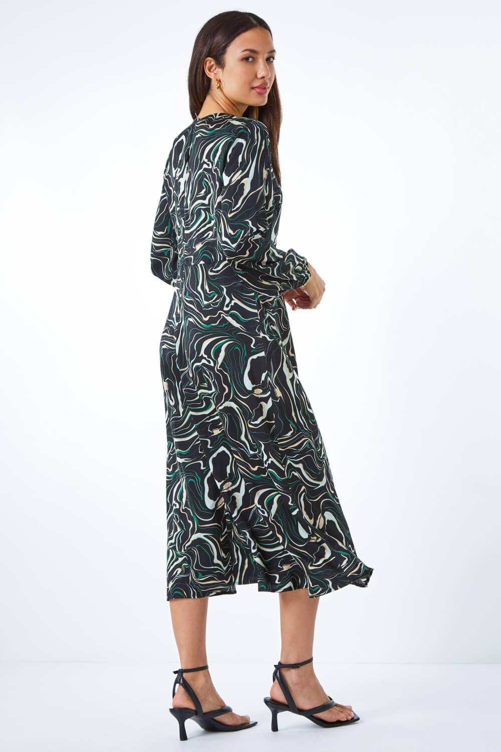 Black Marble Print Fit & Flare Dress , Image 3 of 5