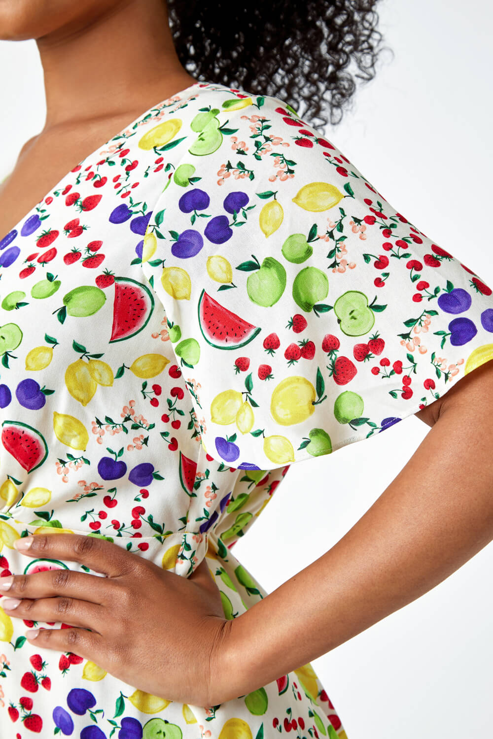 Ivory  Petite Fruit Print Midi Tea Dress, Image 5 of 6