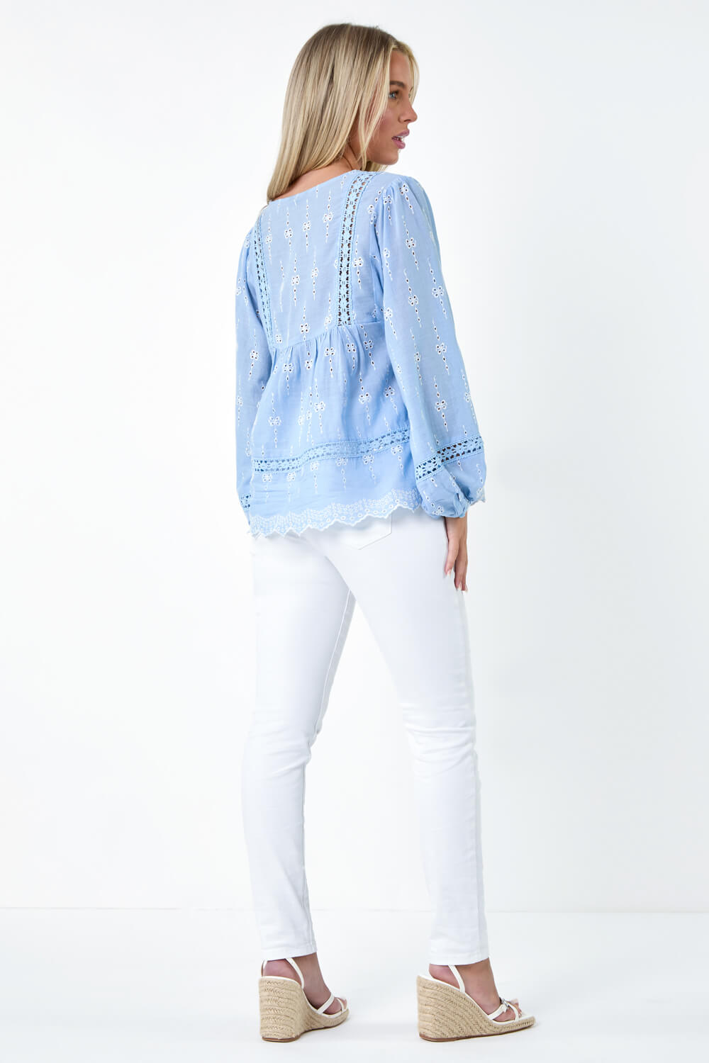 Light Blue  Petite Embroidered Cotton Smock Top, Image 3 of 5