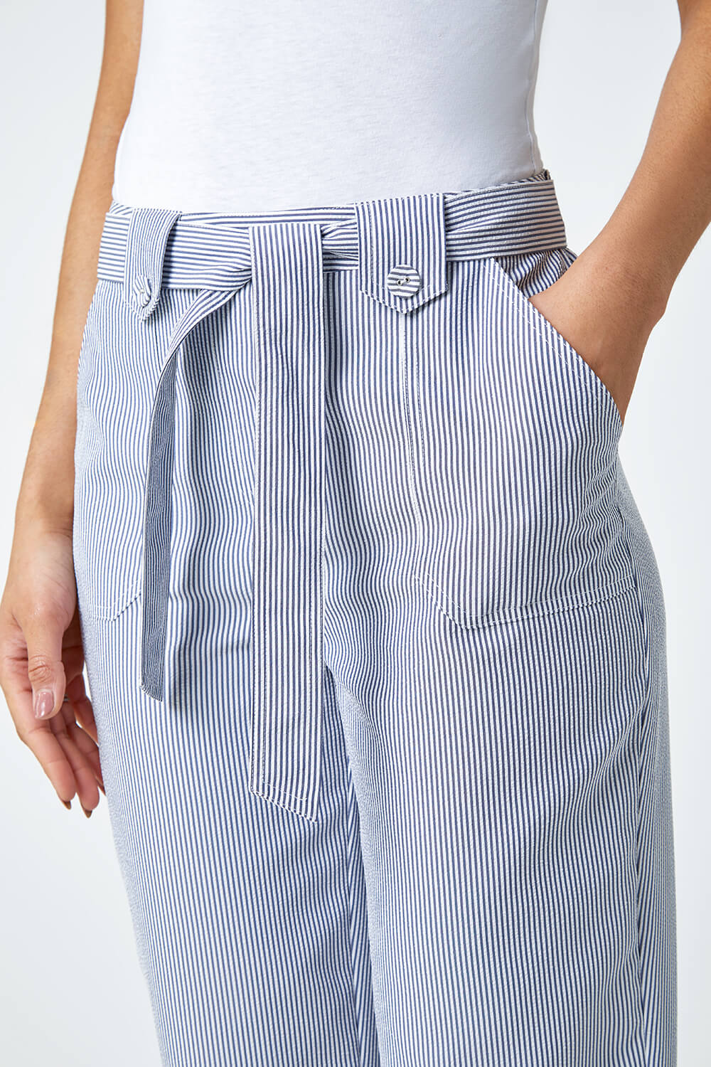 Denim Stripe Print Tie Waist Cropped Trousers, Image 5 of 5
