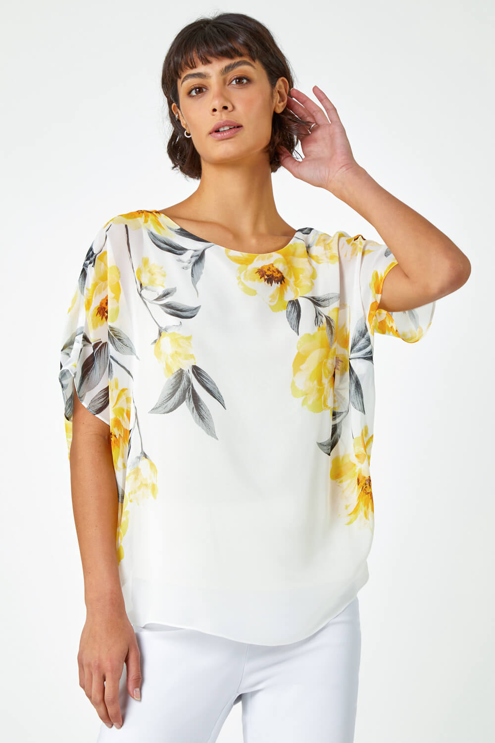 Ivory  Floral Border Print Overlay Top, Image 2 of 5