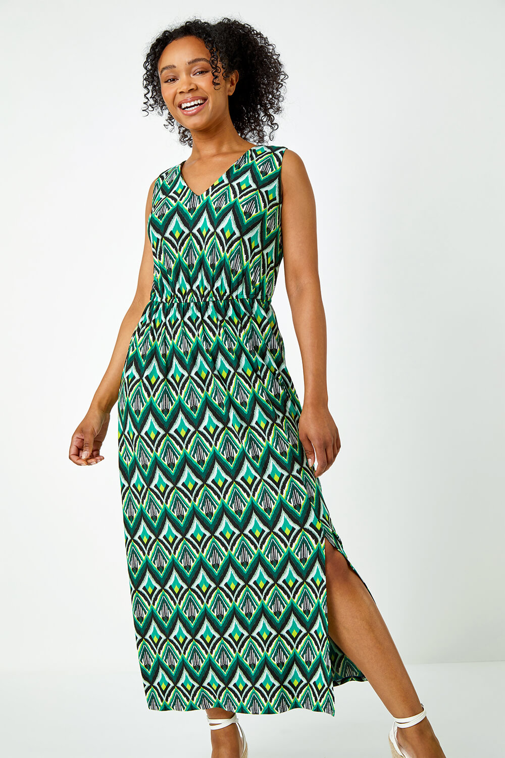 Green Petite Aztec Print Shirred Maxi Dress, Image 2 of 5