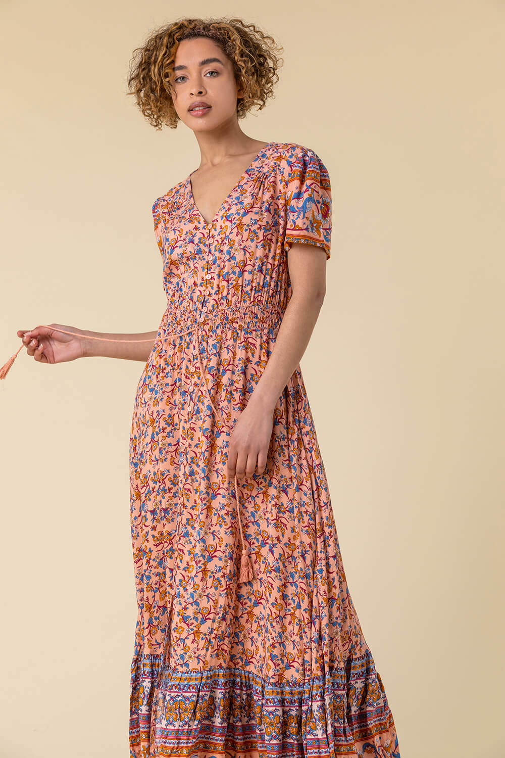Button Through Floral Maxi Dress in Salmon - Roman Originals UK