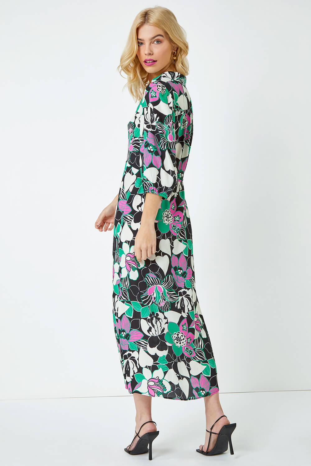 Black Floral Twist Front Maxi Shirt Dress | Roman UK