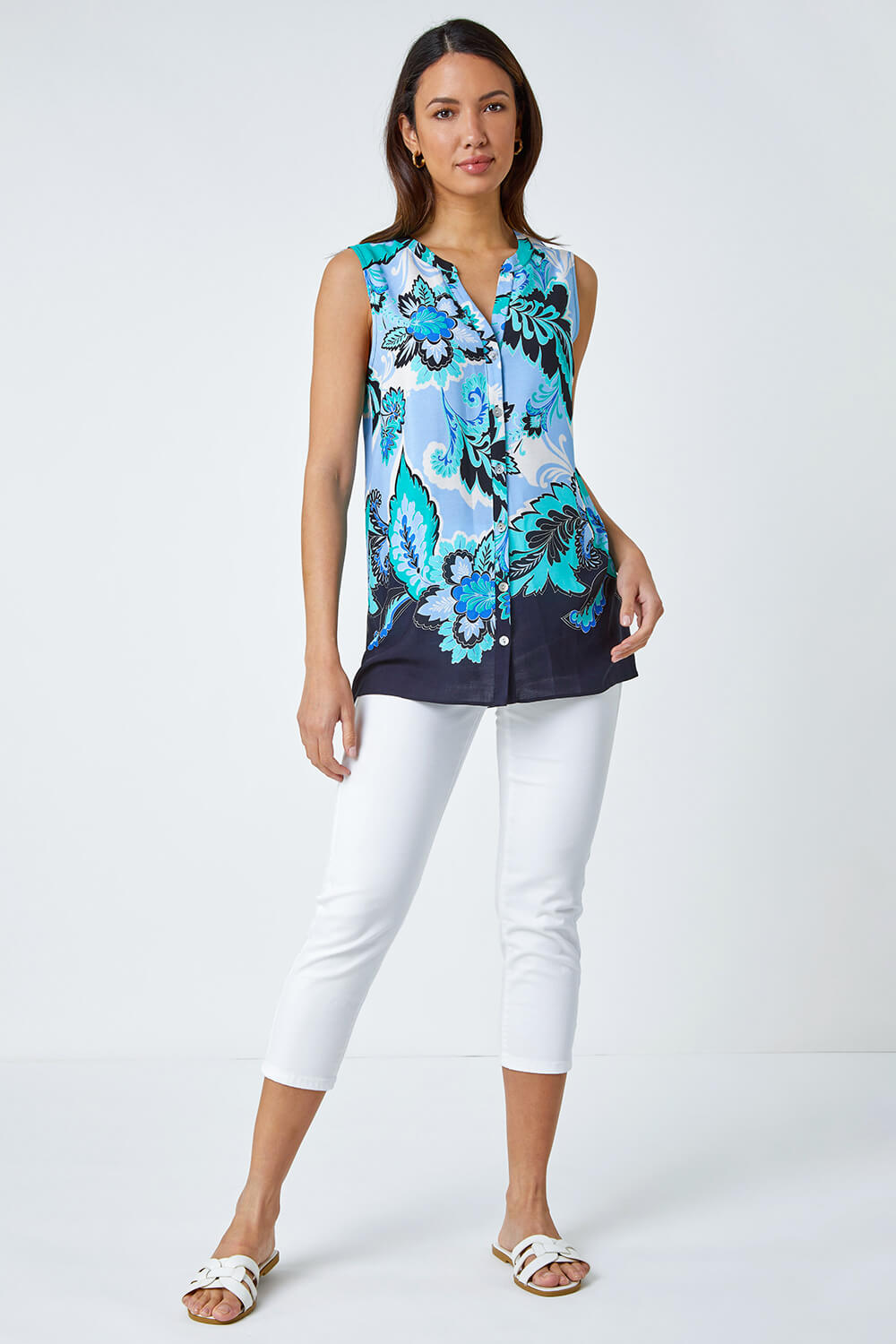 Blue Paisley Contrast Border Print Top, Image 2 of 5