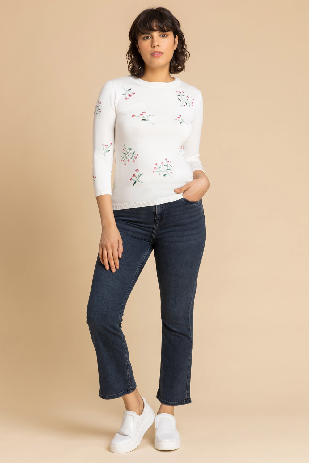 Ivory  Floral Embroidered Crew Neck Jumper, Image 3 of 5