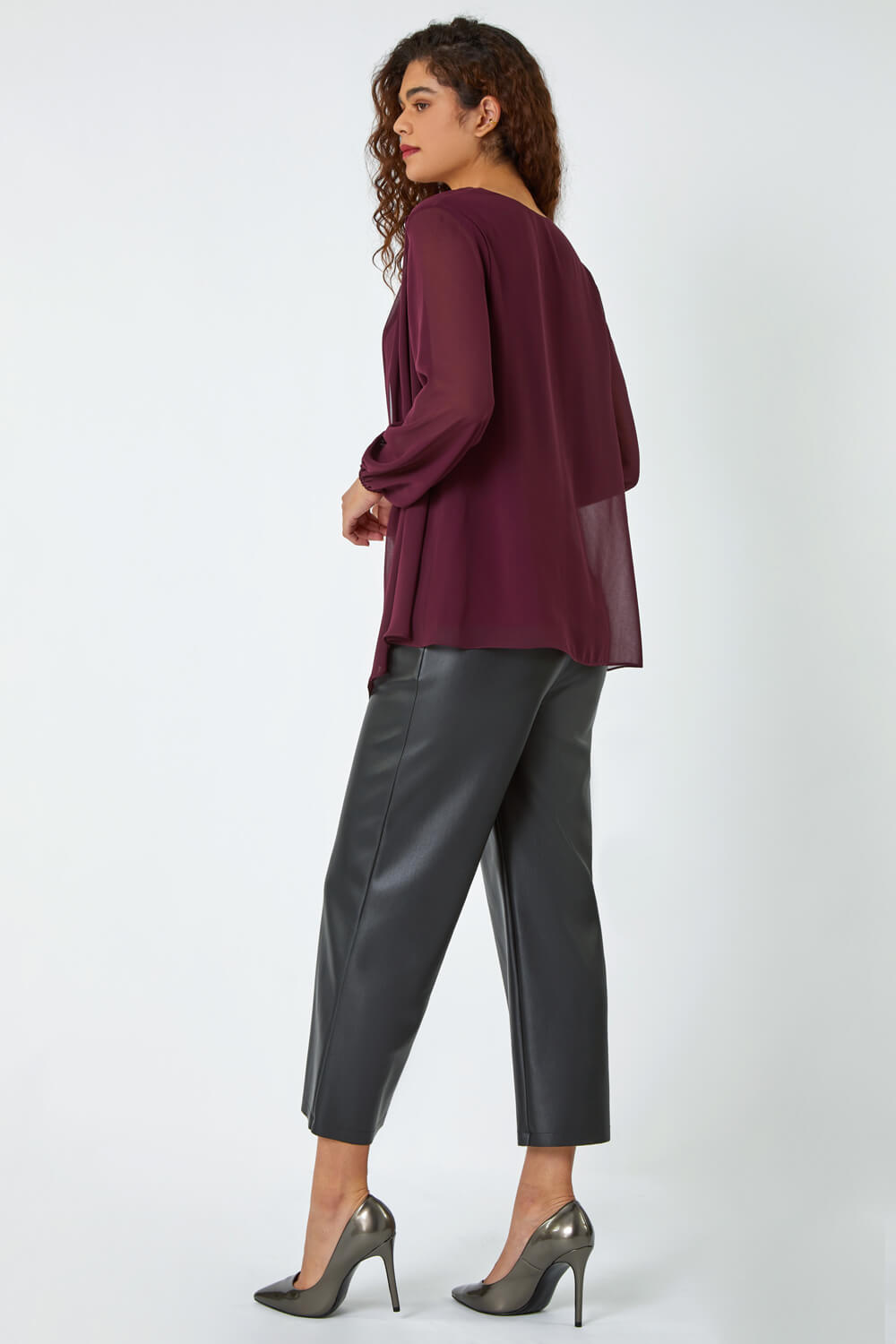 Wine Contrast Chiffon Overlay Stretch Top, Image 3 of 5
