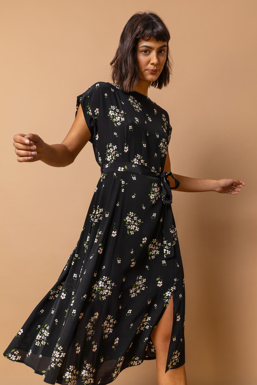 Floral Print Belted A-Line Dress in ...