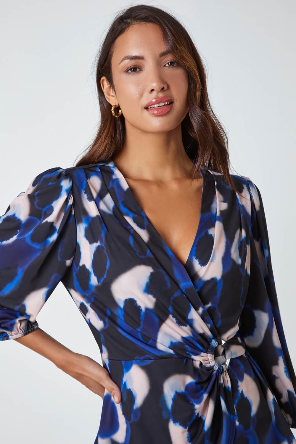 Blue Abstract Print Ring Detail Wrap Top , Image 4 of 5