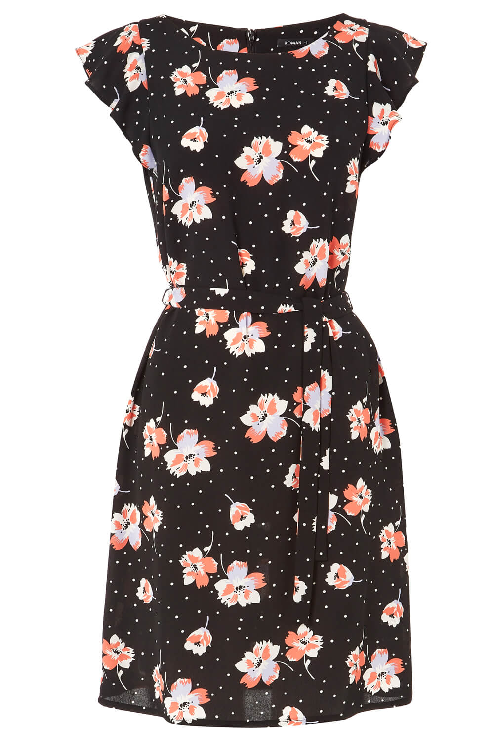 Black Floral Spot Frill Sleeve Shift Dress, Image 4 of 4