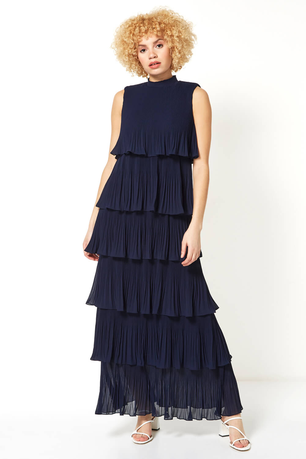 Navy  Pleated Layer Frill Maxi Dress, Image 2 of 4