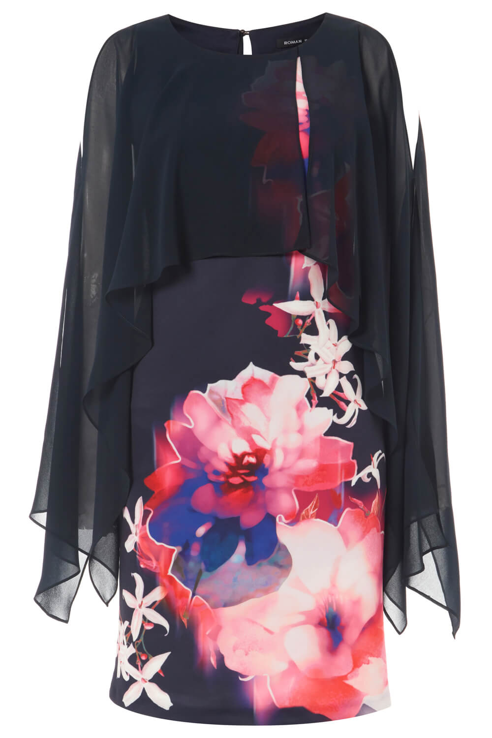 Navy  Floral Print Chiffon Overlay Dress, Image 5 of 5