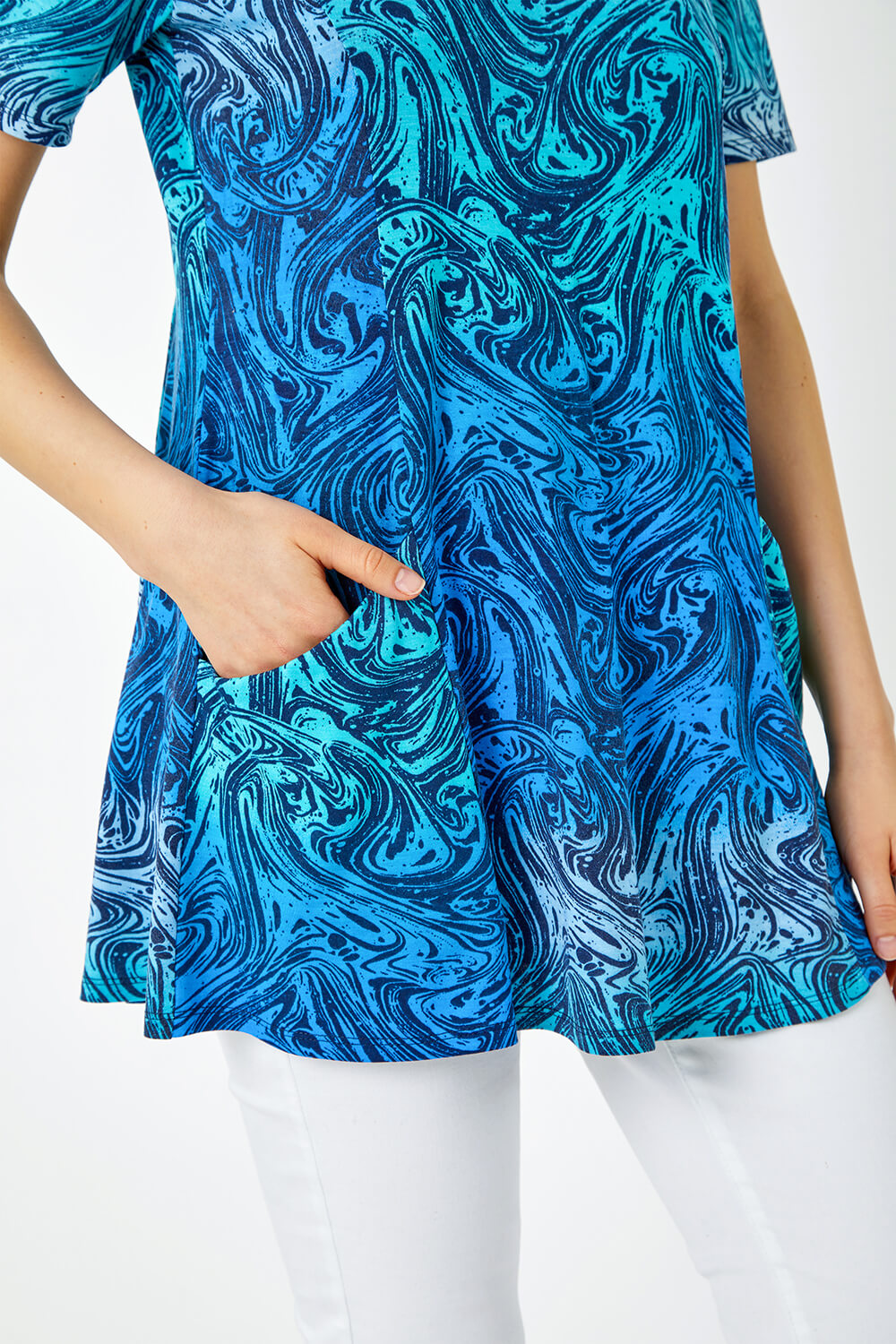 Blue Swirl Print Stretch Tunic Pocket Top, Image 5 of 5