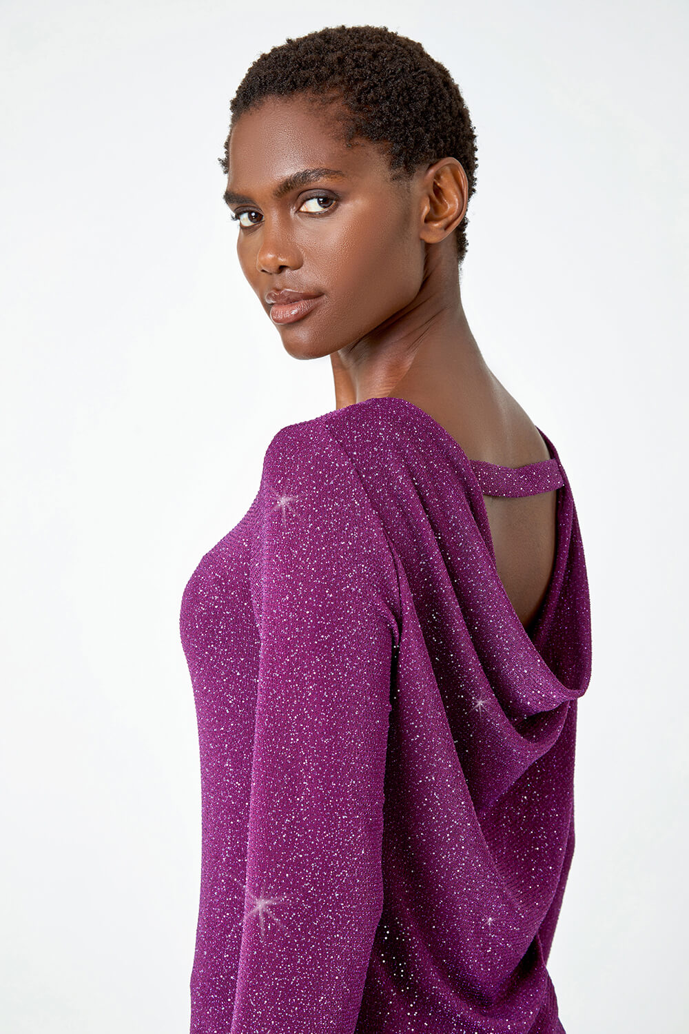Purple Sparkle Cowl Back Detail Stretch Top, Image 5 of 5