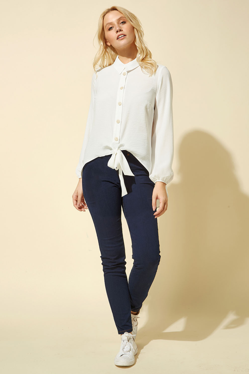 Ivory  Tie Front Button Blouse, Image 2 of 4