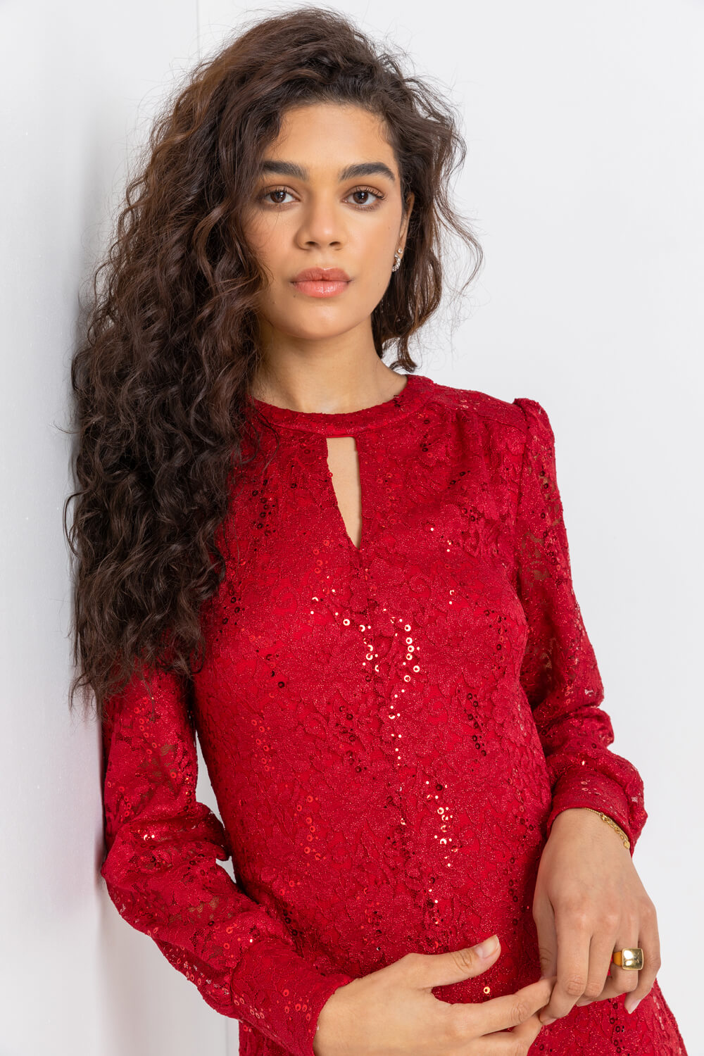 Red Lace Sparkle Swing Dress, Image 4 of 5