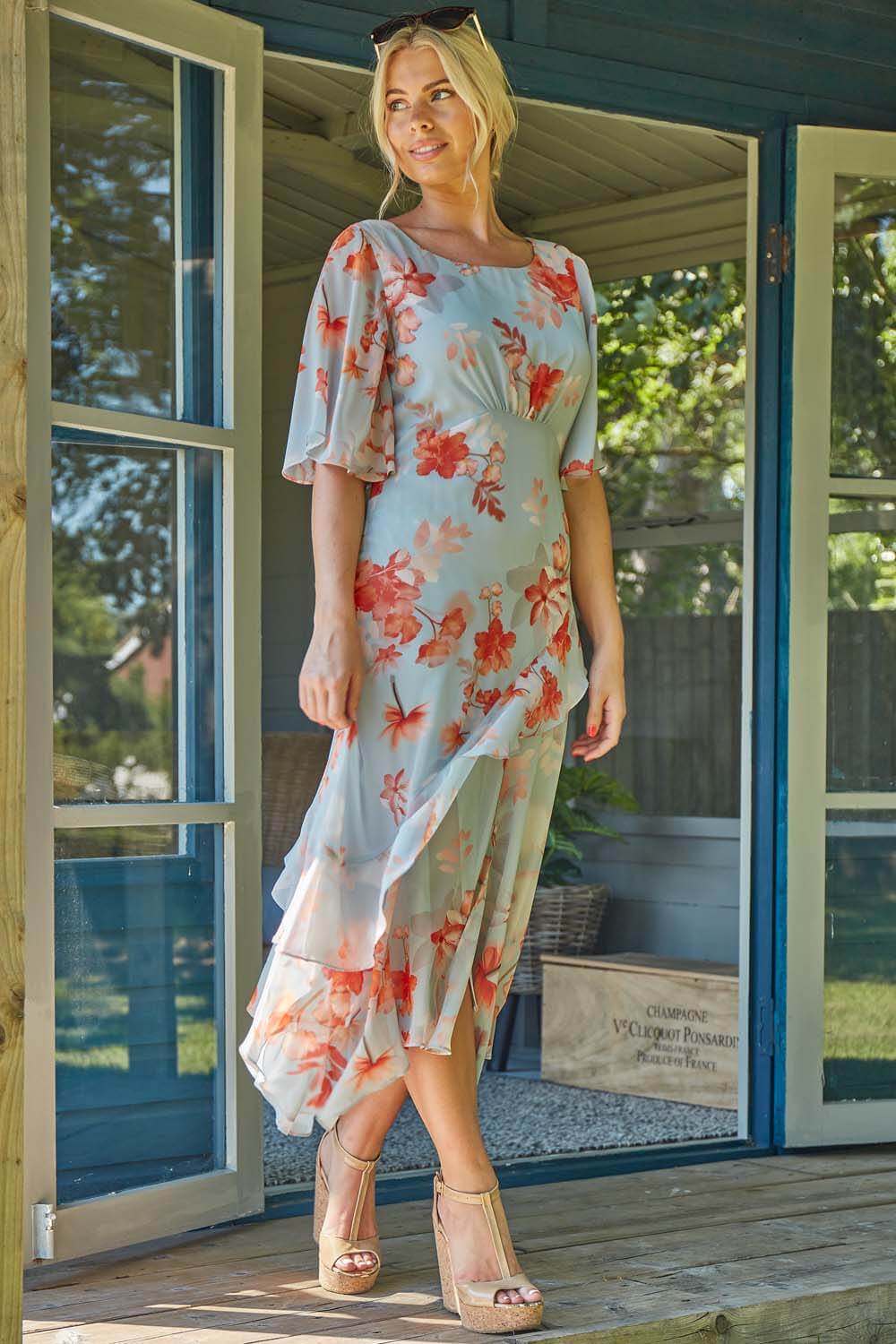 ORANGE Floral Frill Short Sleeve Midi Dress, Image 3 of 5