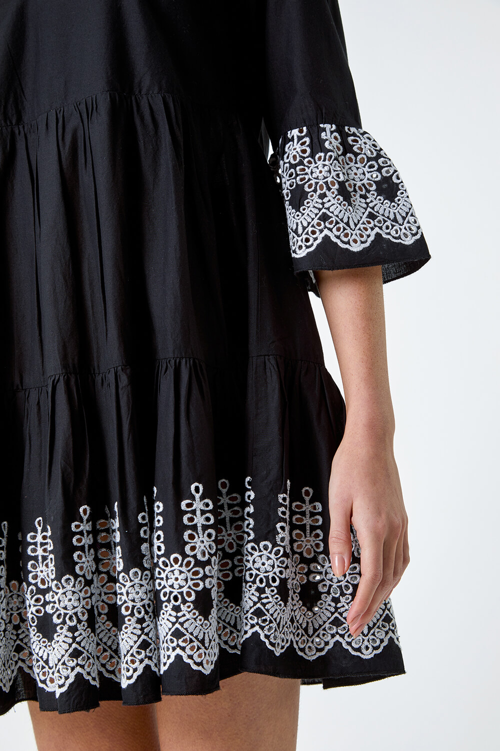 Black Embroidered Cotton Smock Dress, Image 5 of 5