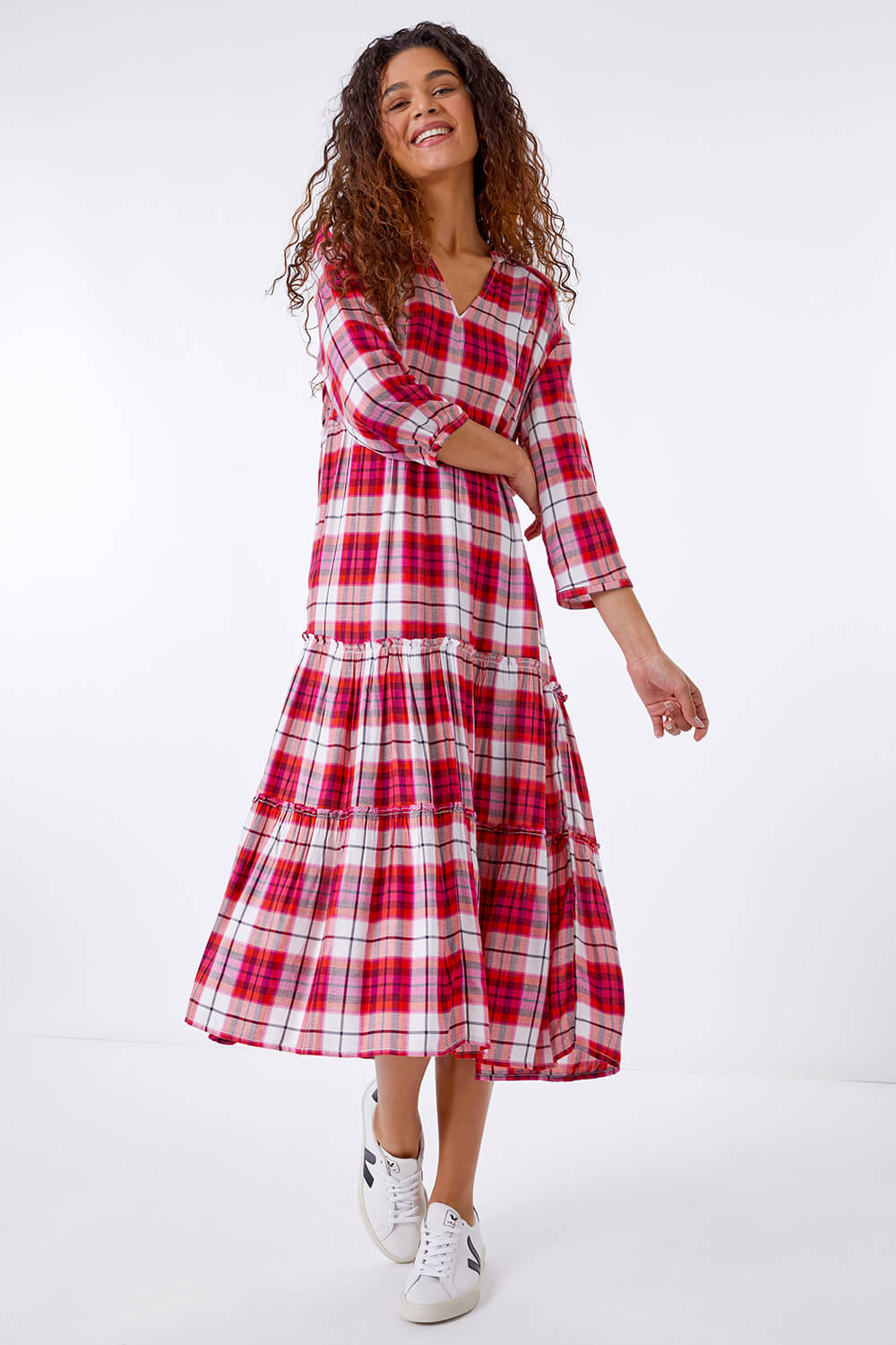 PINK Tiered Check Print Midi Dress, Image 4 of 5
