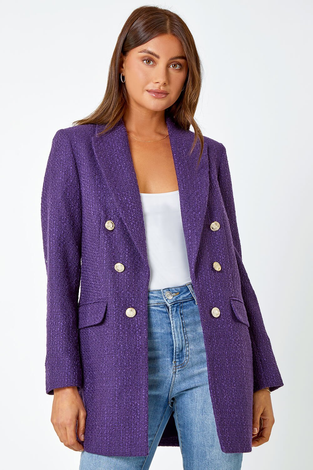 Purple Tailored Longline Boucle Jacket, Image 4 of 5