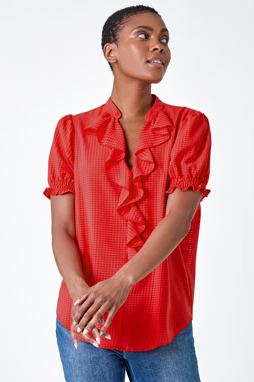 ORANGE Waffle Textured Frill Detail Top, Image 4 of 5