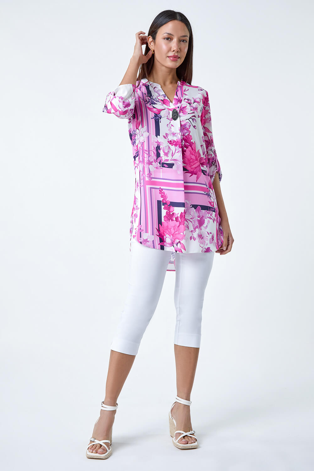 PINK Floral Patchwork Longline Button Detail Top, Image 4 of 5