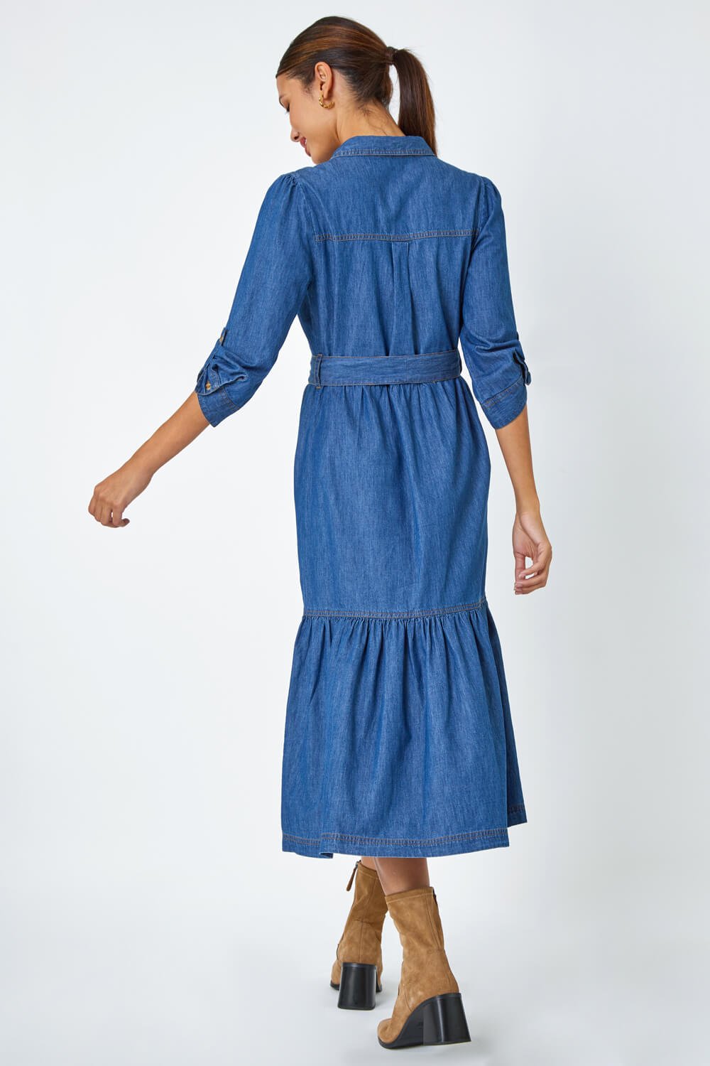 Denim Cotton Denim Tiered Midi Dress, Image 3 of 6