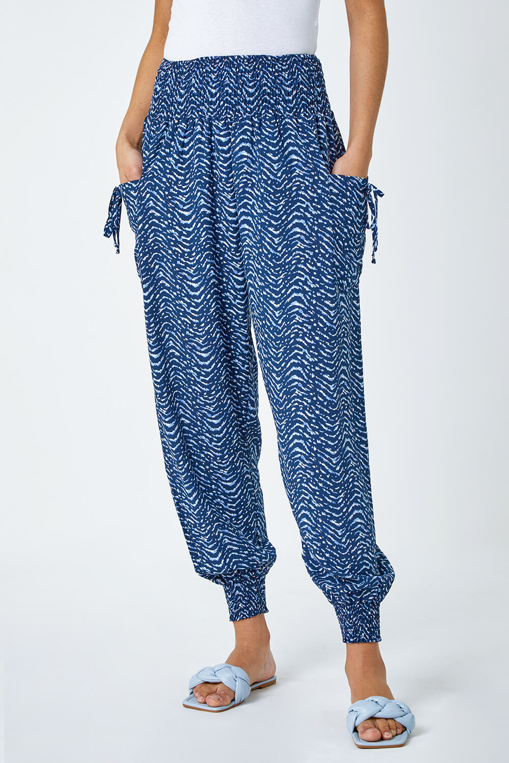 Blue Wave Print Stretch Hareem Trousers, Image 4 of 5