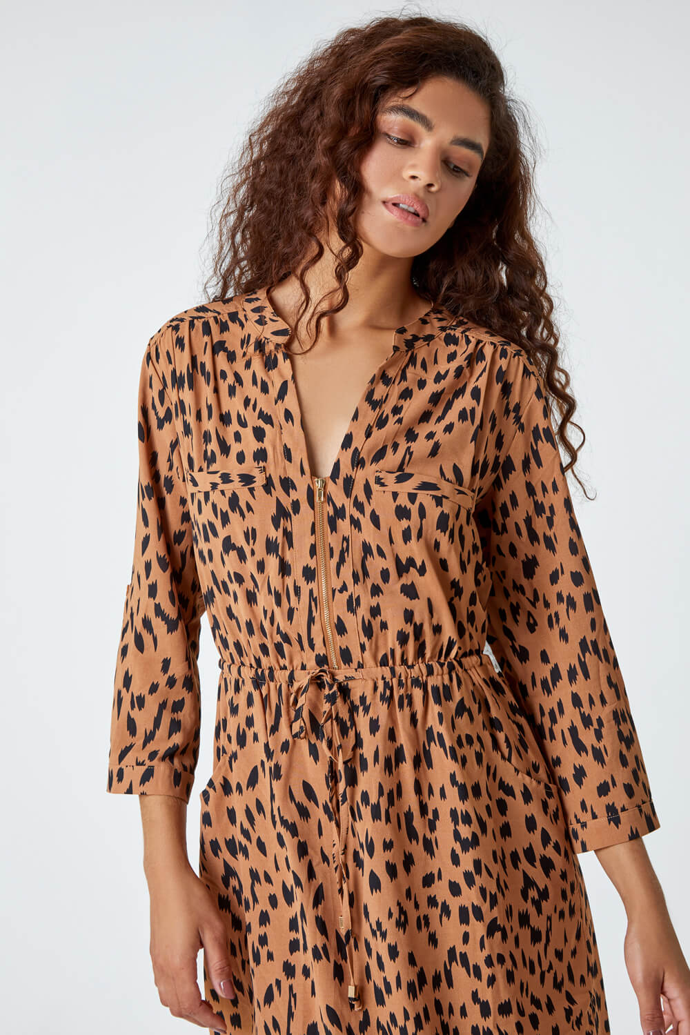 Camel  Leopard Print Zip Detail Shirt Dress, Image 4 of 5