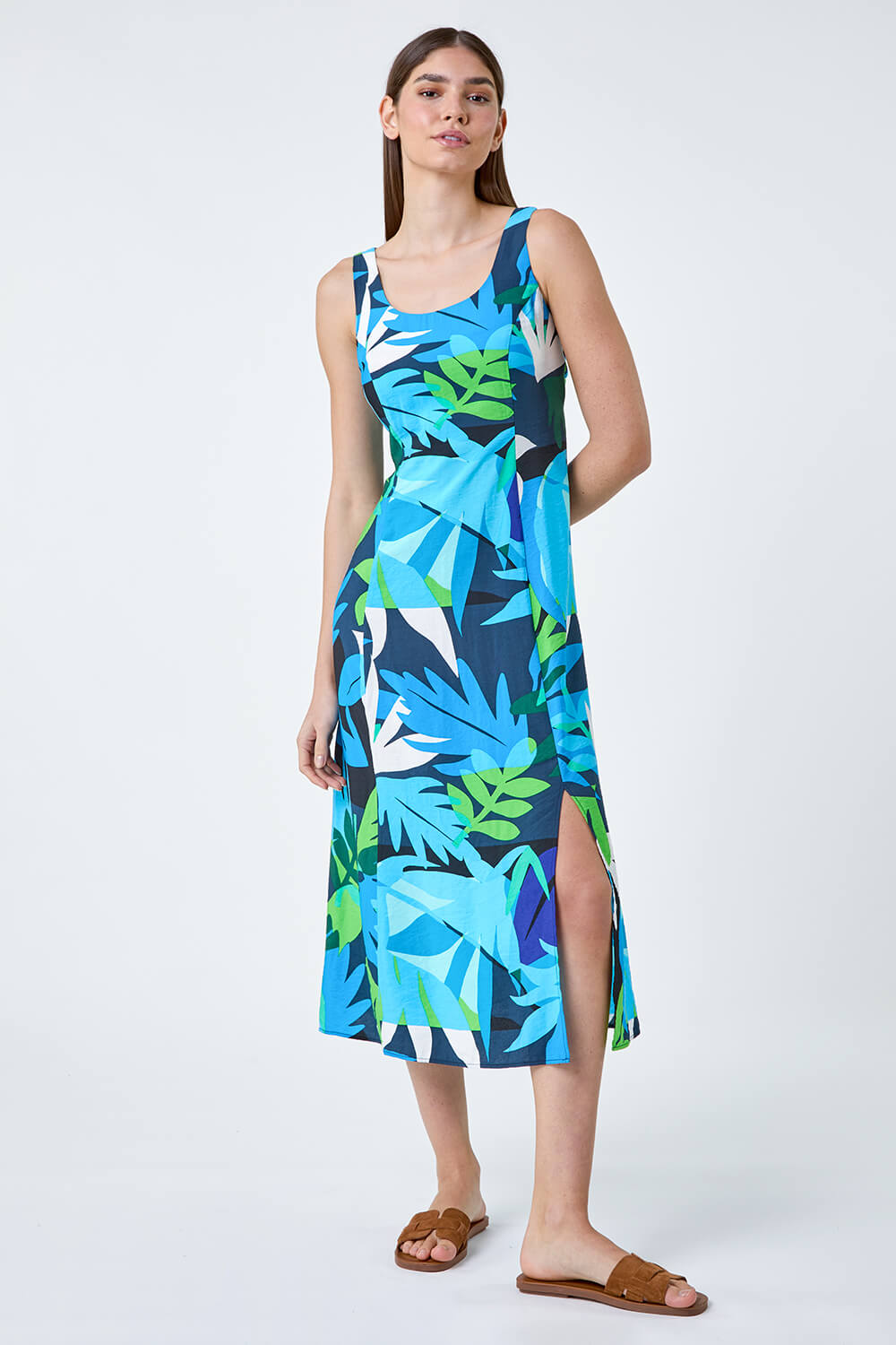 Blue Abstract Leaf Tie Back Midi Dress, Image 2 of 5