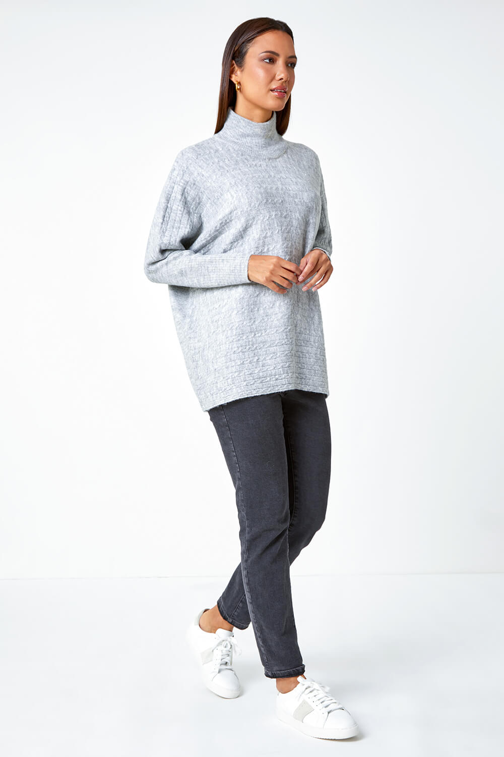 Light Grey Cable Knit Roll Neck Stretch Longline Jumper, Image 2 of 5