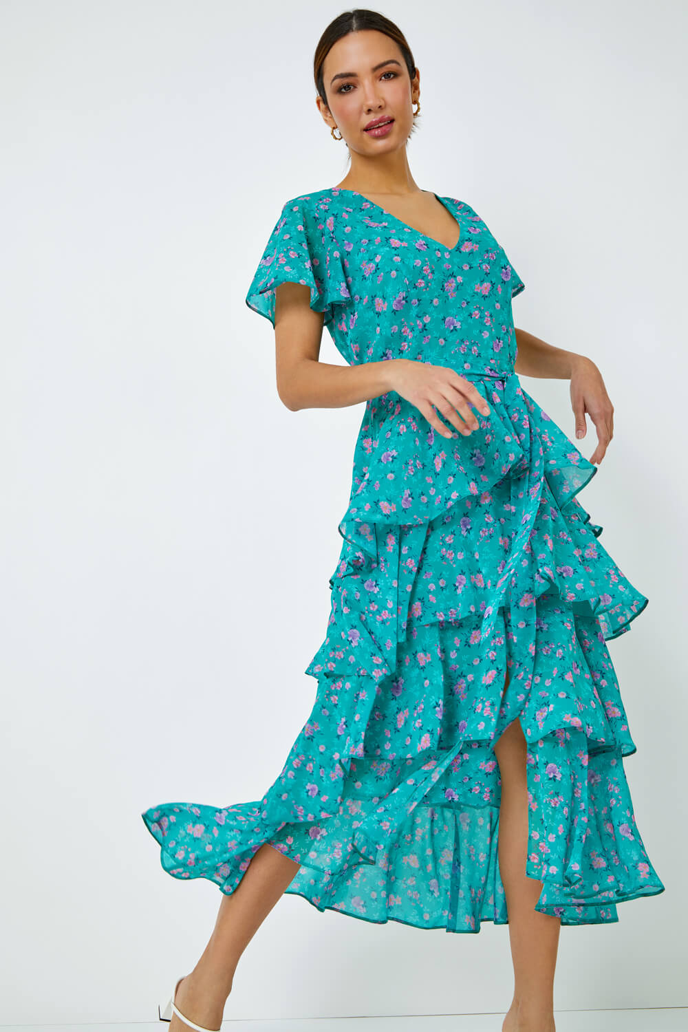Green Floral Print Tiered Midi Dress, Image 5 of 6