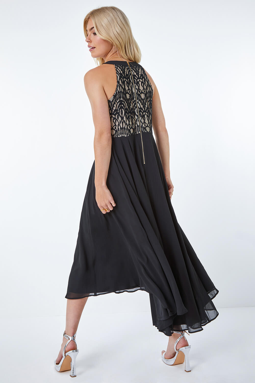 Black Lace Bodice Halter Neck Dress, Image 3 of 5