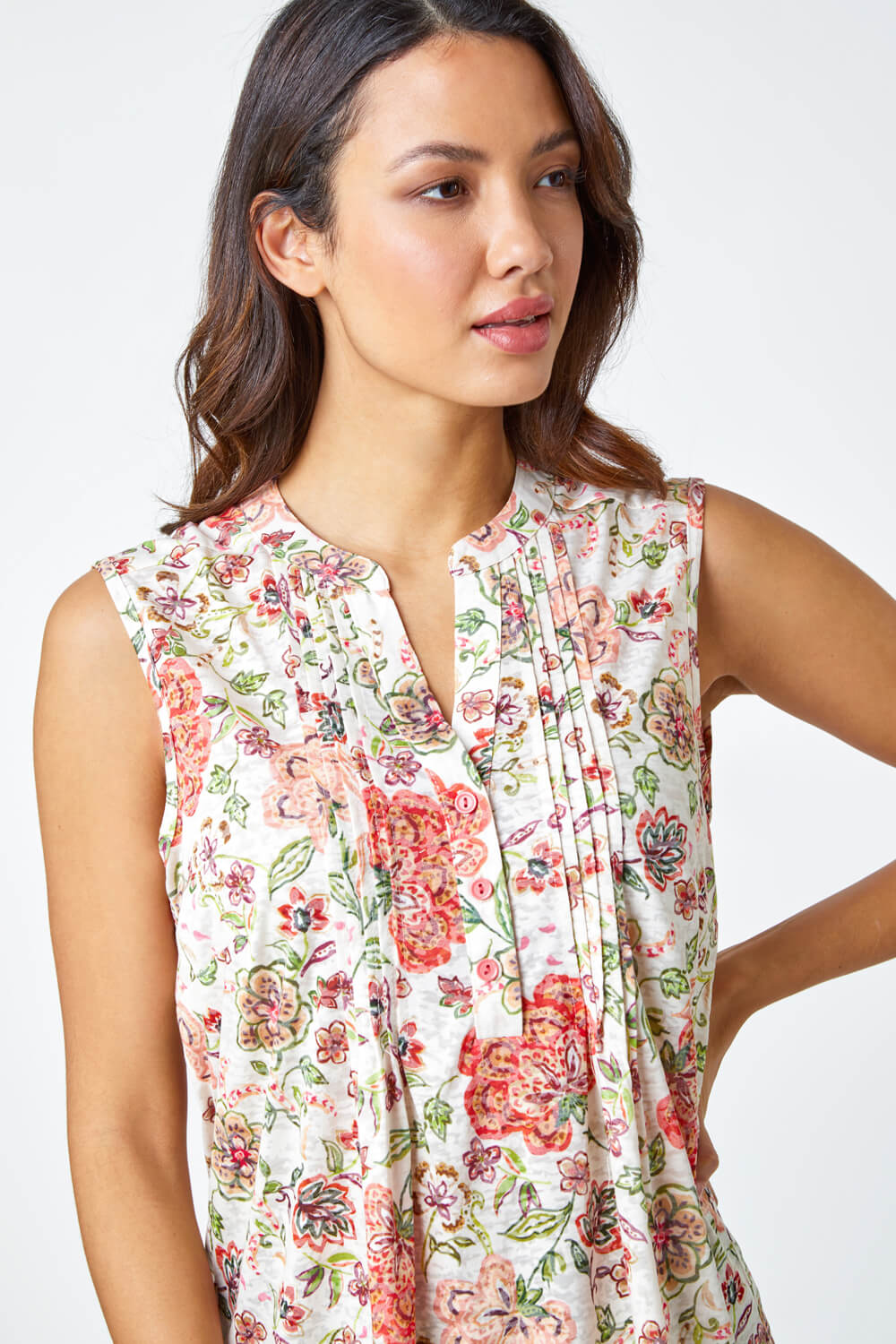 Floral Pintuck Detail Stretch Top