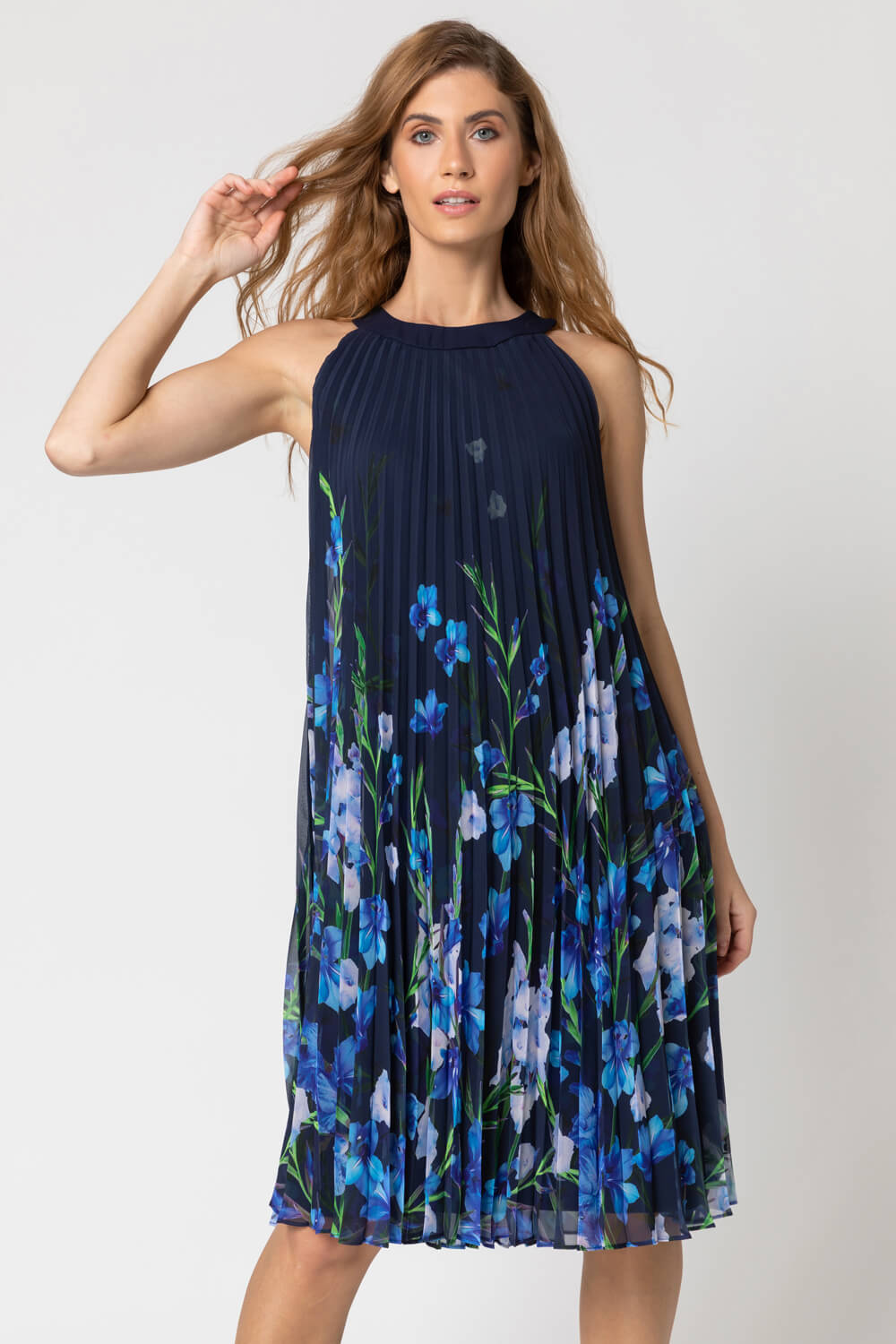 Blue High Neck Floral Pleated Swing Dress, Image 3 of 4